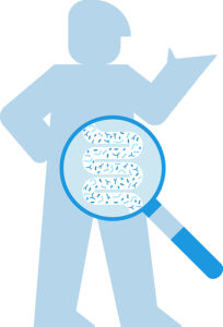 Desenho de silhueta humana, na cor azul, com lupa também azul sobre a região da barriga que mostra a representação de microrganismos no intestino. Crédito: verodika/iStock 