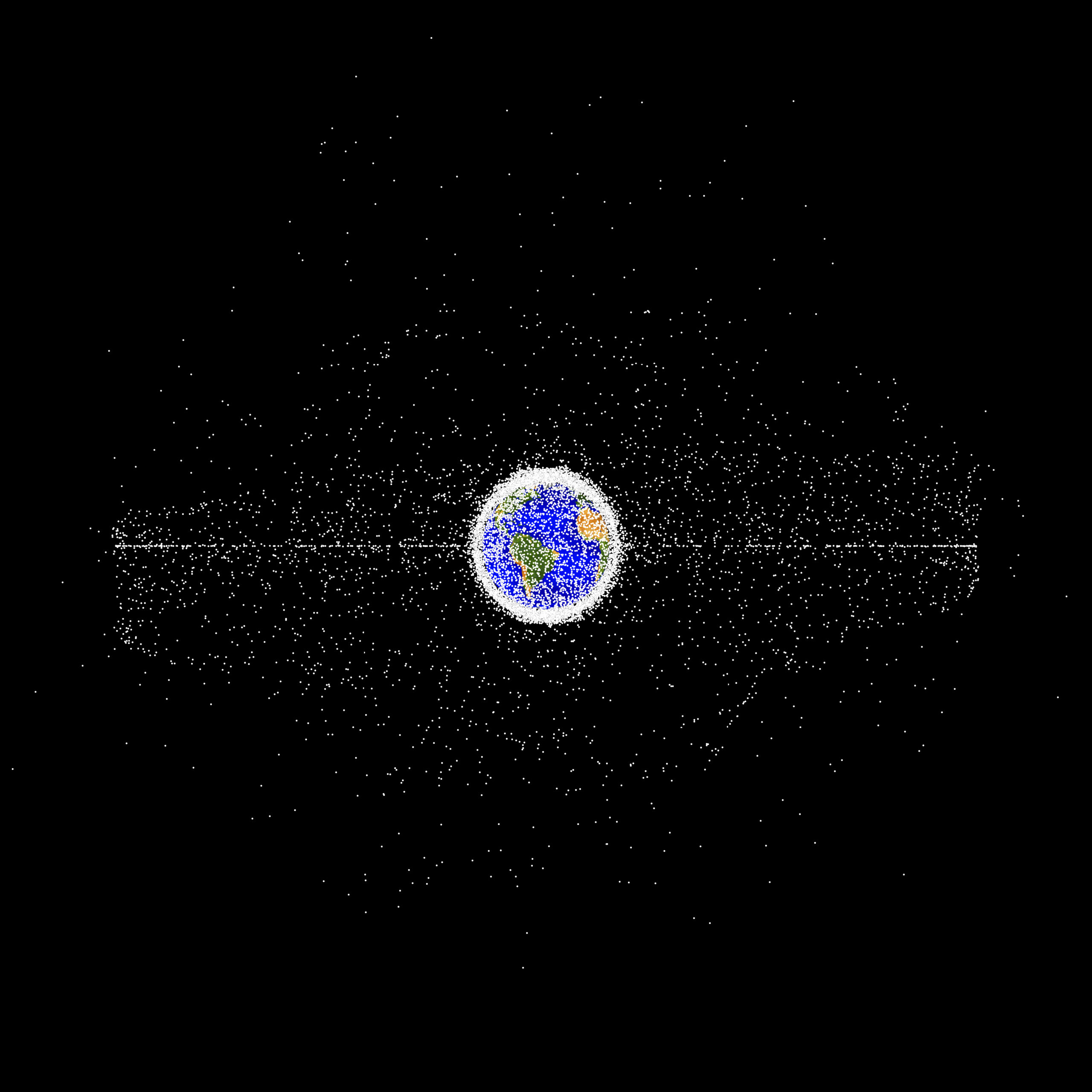 Ilustração do planeta Terra e do espaço sideral, com pontos brancos em sua órbita, a uma maior distância. (Créditos: NASA ODPO)