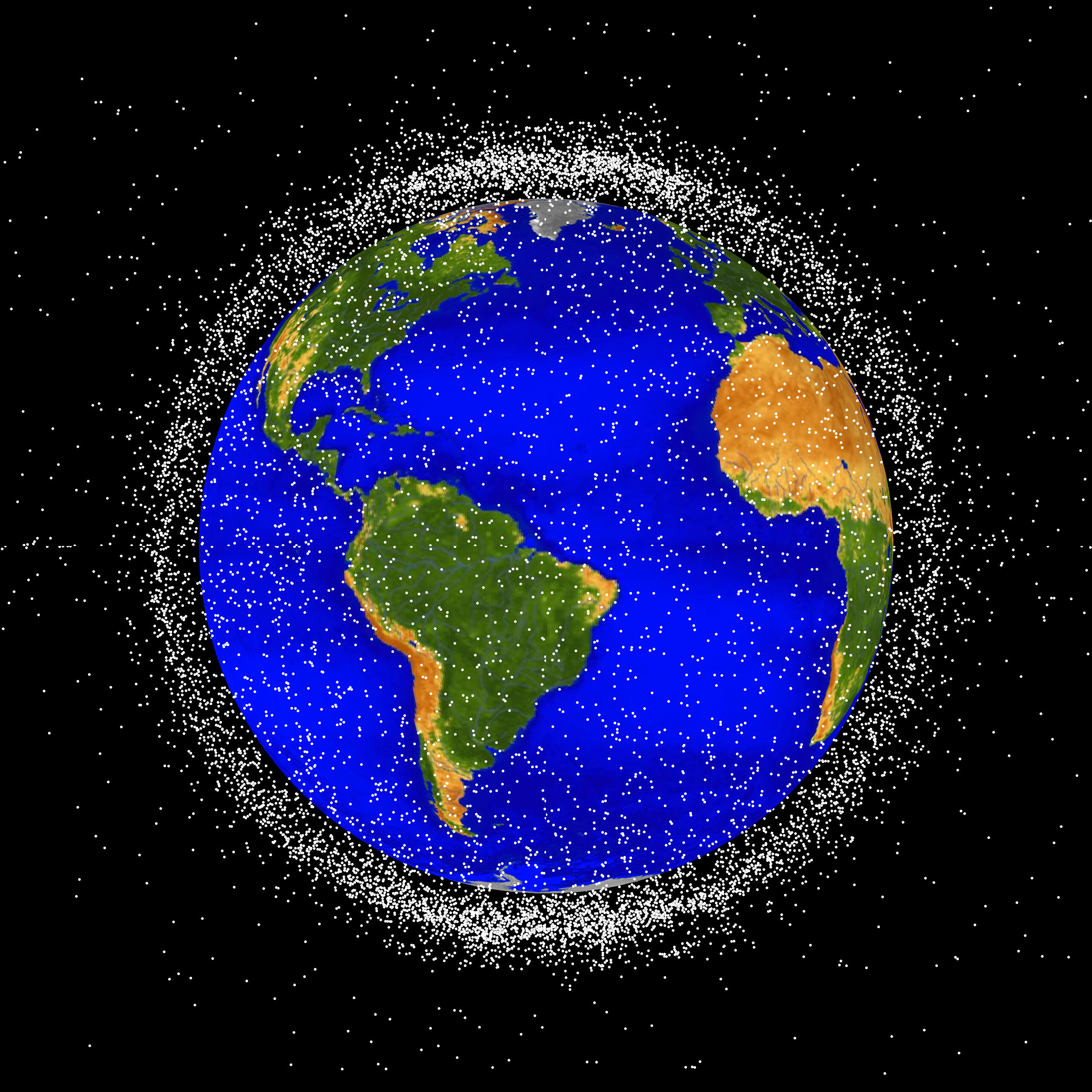 Ilustração do planeta Terra e do espaço sideral com pontos brancos em sua órbita. Crédito: NASA ODPO