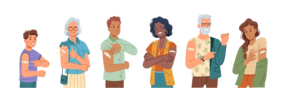 Ilustração de seis pessoas de diferentes gêneros, raças e idades com rostos felizes, fazendo sinal de positivo e mostrando o braço vacinado, com o local da aplicação coberto por um curativo.