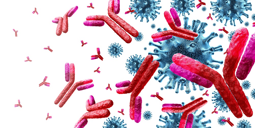 Ilustração 3D de anticorpos de cor vermelha atacando células de vírus na cor azul.